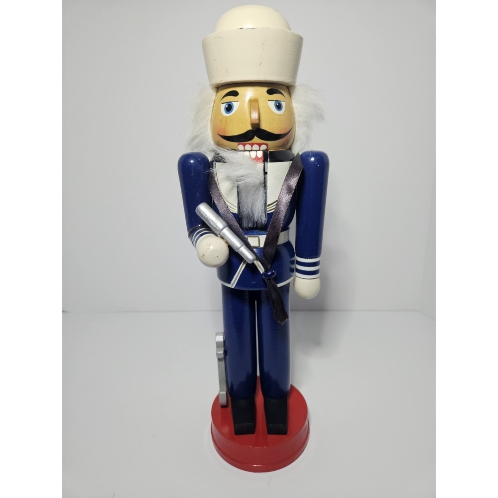 Vintage Wooden Christmas Sailor Nutcracker Navy Military Telescope White Hat 14"